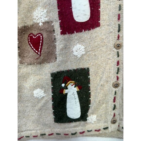 Croft & Barrow Snowman & Heart Patches Cardigan Sweater Petite PL Beige - Picture 4 of 15